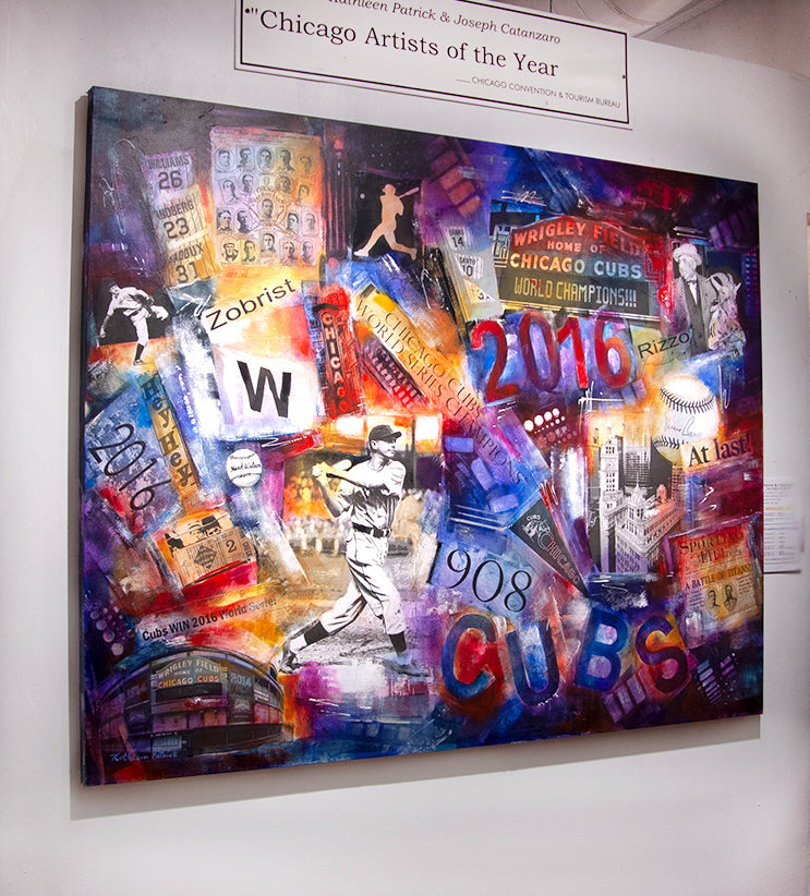 Colorful artwork celebrating Chicago Cubs  2016 World Series win.