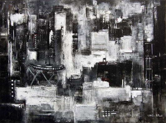 This black and white cityscape focuses attention on Chicago's Loop, with all the intense motion and energy of this famous area.