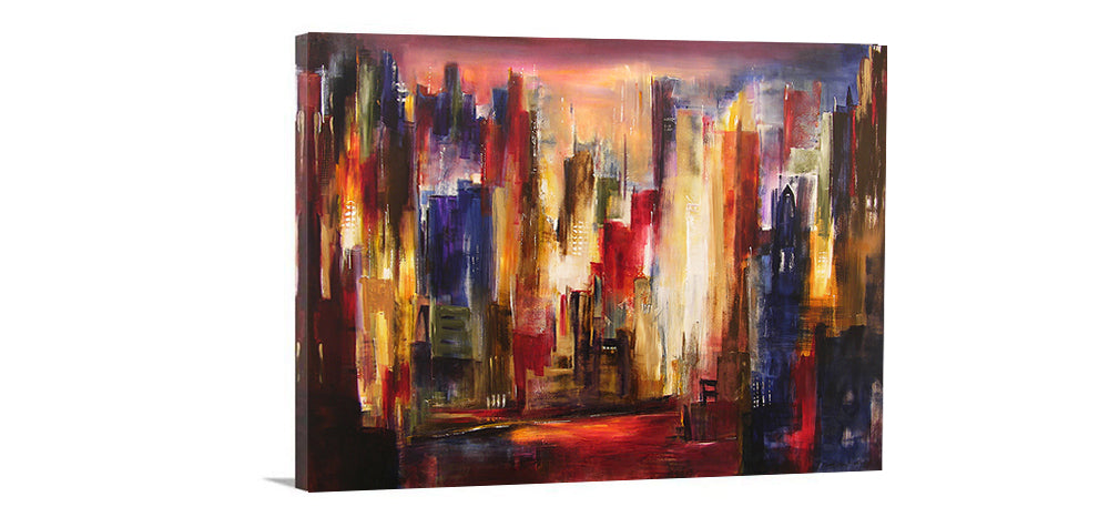 A colorful painting of the Chicago skyline and river.