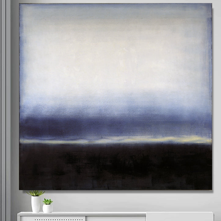 Neutral Abstract Landscape Canvas Print "Gentle Indigo Waters" hanging on a wall
