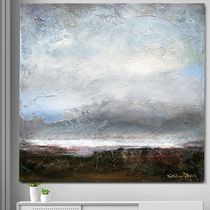 Neutral Abstract Landscape Canvas Print "Horizon Sunset" on a wall