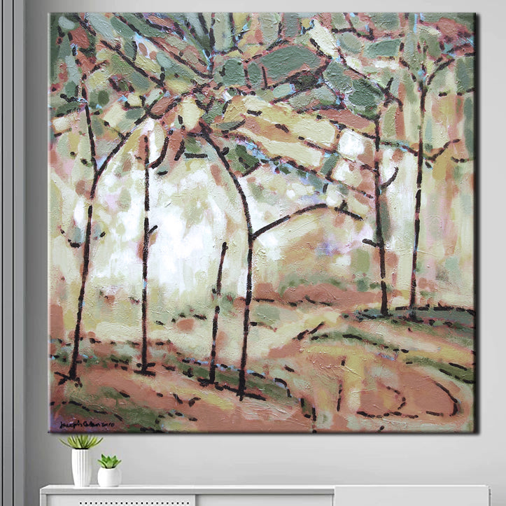Neutral Abstract Landscape Canvas Print "Walking Through the Trees" on a wall