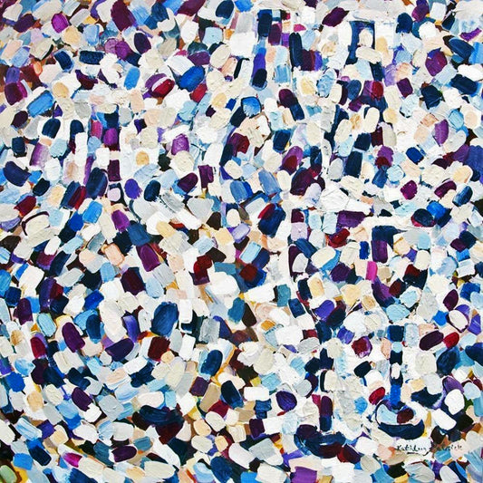 An abstract canvas print featuring a variety of wine bottle and glass shapes in a colorful blend of blue, purple, and beige tones.