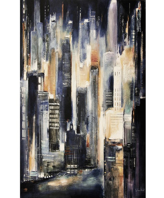 A Chicago River at Night artist enhanced canvas print by artist Kathleen Patrick.