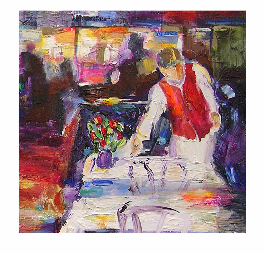 Colorful painting of a waiter at a table with flowers