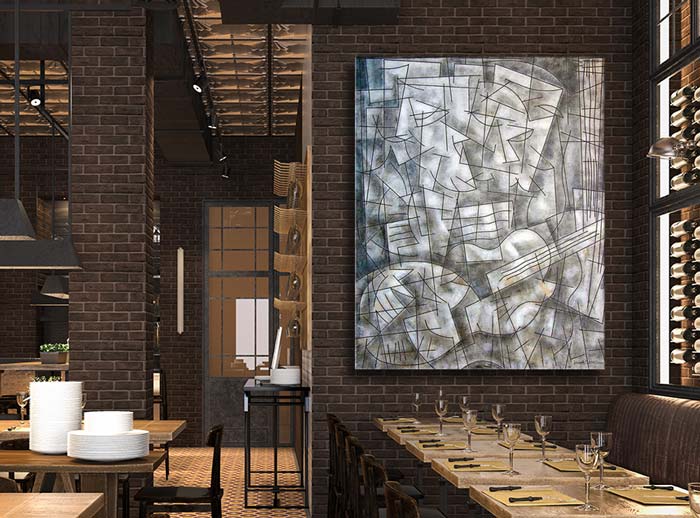 Custom-made fine art paintings create a dynamic mood in this very contemporary restaurant.