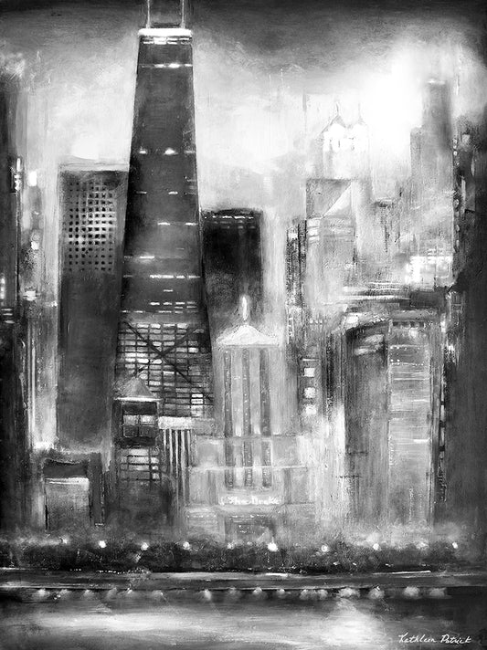 A black and white canvas art print of the Chicago skyline with a prominent tall building, capturing the city lights at night.