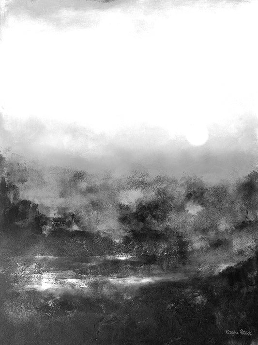 "Sunset in the Mist" is an abstract landcape painting with setting sun