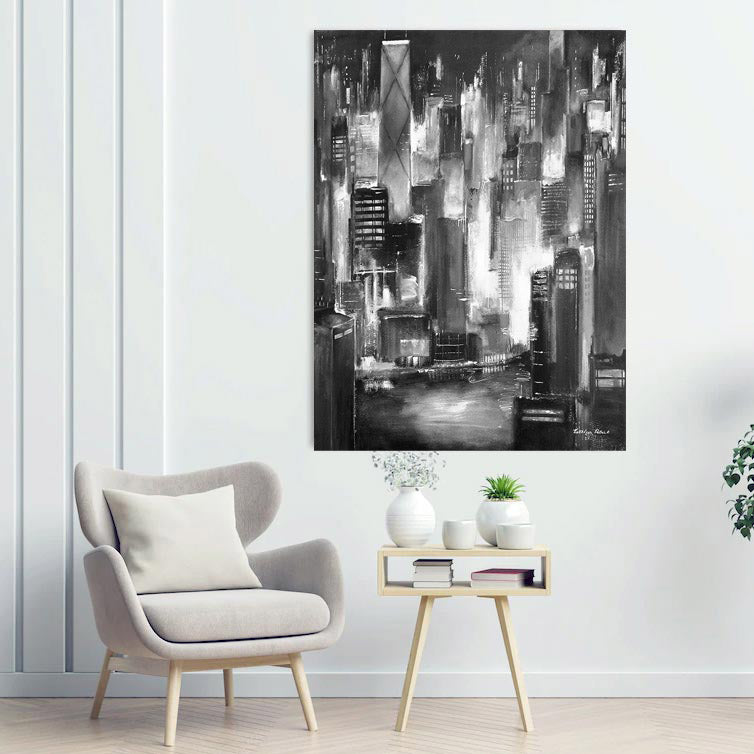Abstract cityscape painting on a wall above a modern chair and side table.