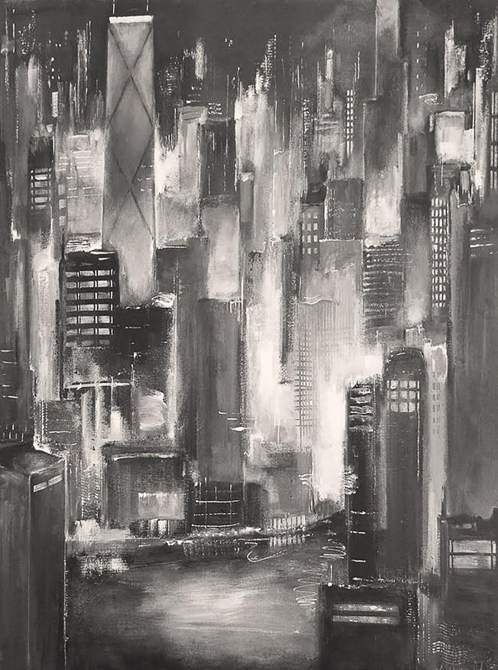 Chicago skyline view along the river - art painting created with only black and white paints.