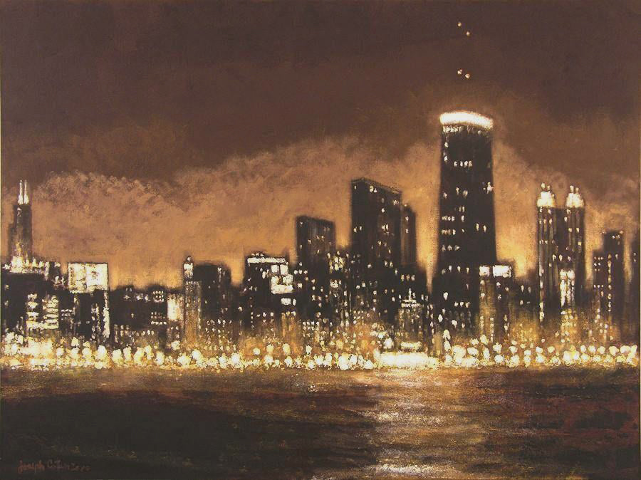 Neutral Cityscape Artwork of Chicago Glowing At Night.