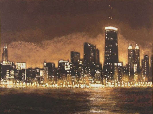 A canvas wall art print featuring the Chicago skyline at night, with a dramatic skyline portrayed in deep tones of brown and gold, lit along the shore of Lake Michigan.