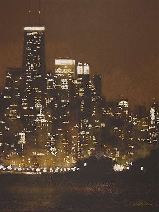 The Chicago skyline aglow at night painted in browns, golds and white.