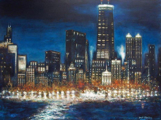 A Chicago Night Skyline Canvas Print based on an original painting.
