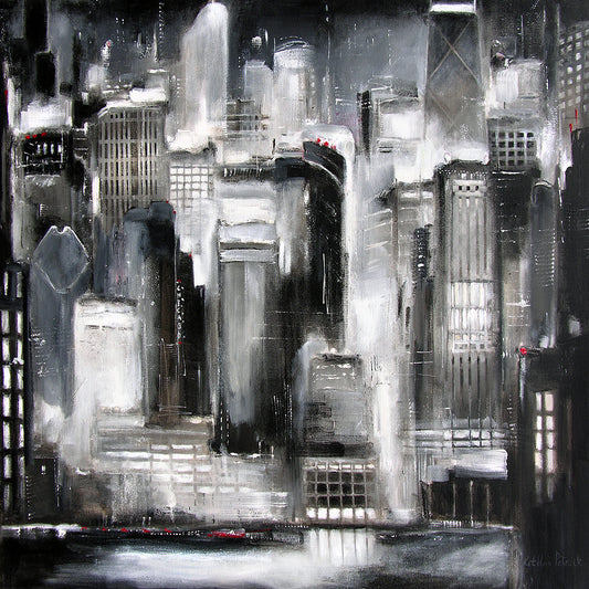 Chicago Skyline Painting Canvas Print in Black and White with red accents.