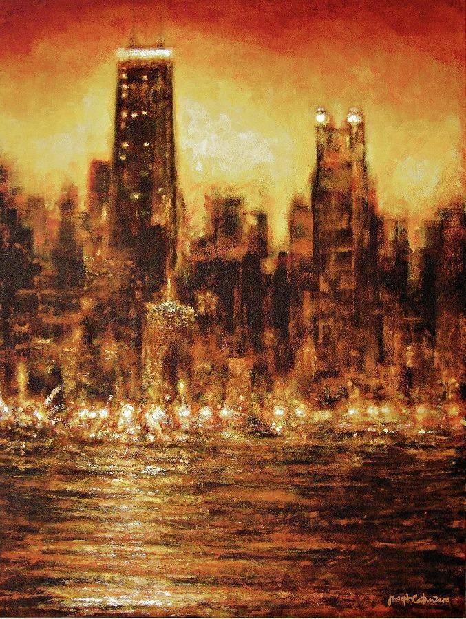 Chicago's famous skyline is illuminated by a tapestry of lights and golden sunlight.