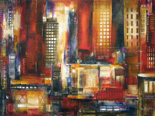 A colorful abstract Chicago cityscape canvas art print by Kathleen Patrick.