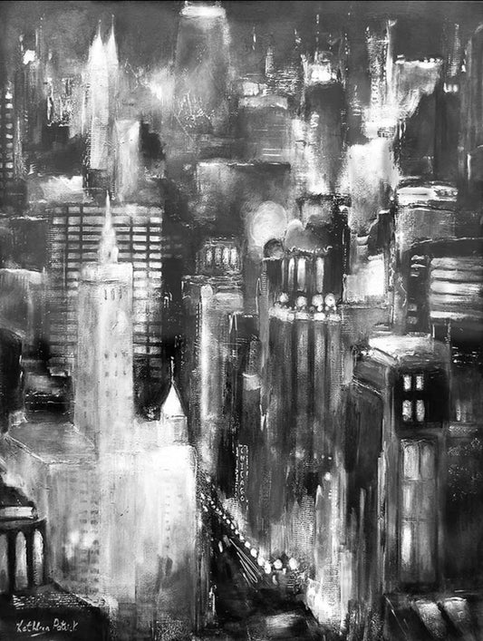 A Chicago Michigan Avenue skyline painting print on canvas in black and white.
