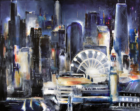 Navy Pier Chicago at Night painting print on canvas.