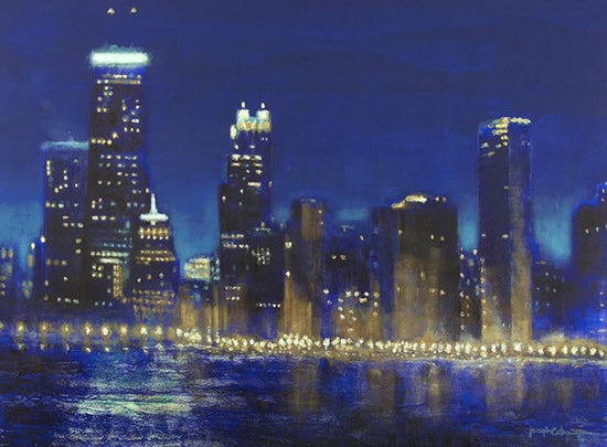 Skyline of Chicago at night paintings are frequently ordered for a custom painting on canvas.