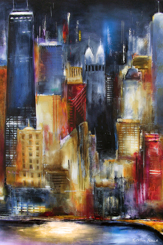 Oak Beach in Chicago in the beautiful evening light. Shades of red, gold, and blue light up the night sky.