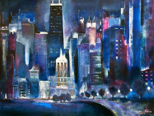 Chicago at Oak Beach at Night Painting Print.