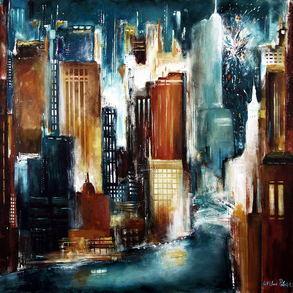 Original painting print of the Chicago River skyline with fireworks.
