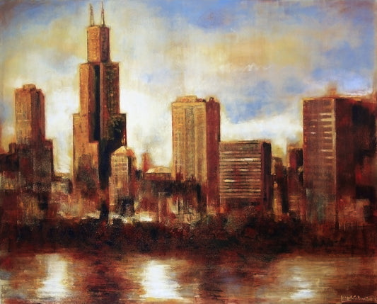 The Sears tower at sunset painting print on canvas.