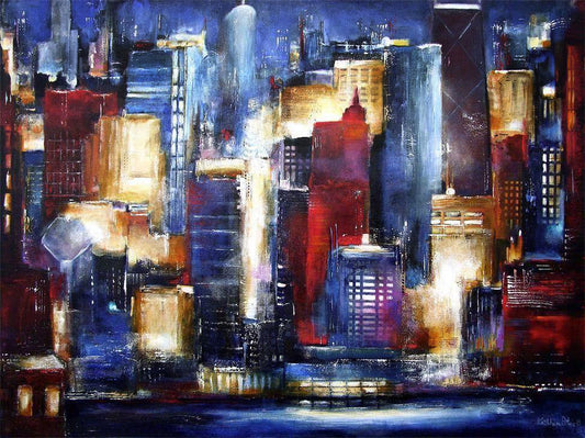 Chicago Skyline Painting Print of a colorful waterfront view by artist Kathleen Patrick.