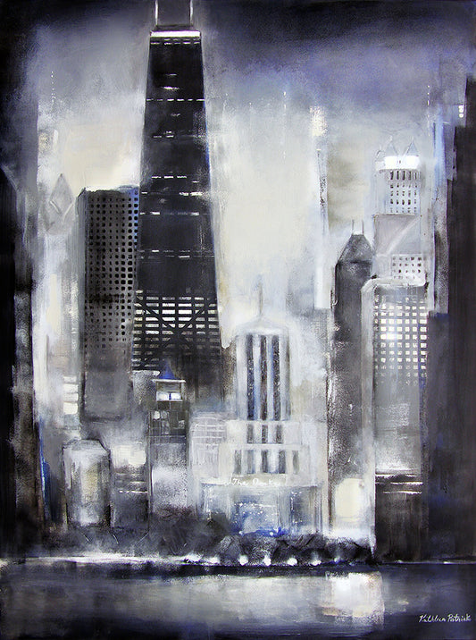 A Chicago Skyline Canvas Print in black and white with neutral colors.