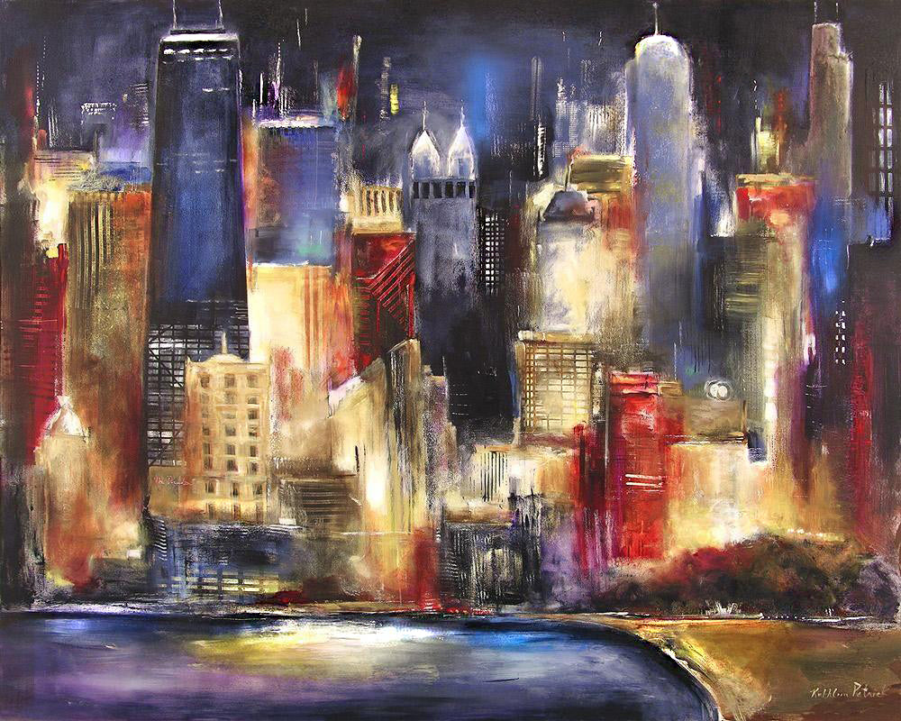 Chicago Skyline at Night Painting Print on Canvas by artist Kathleen Patrick.