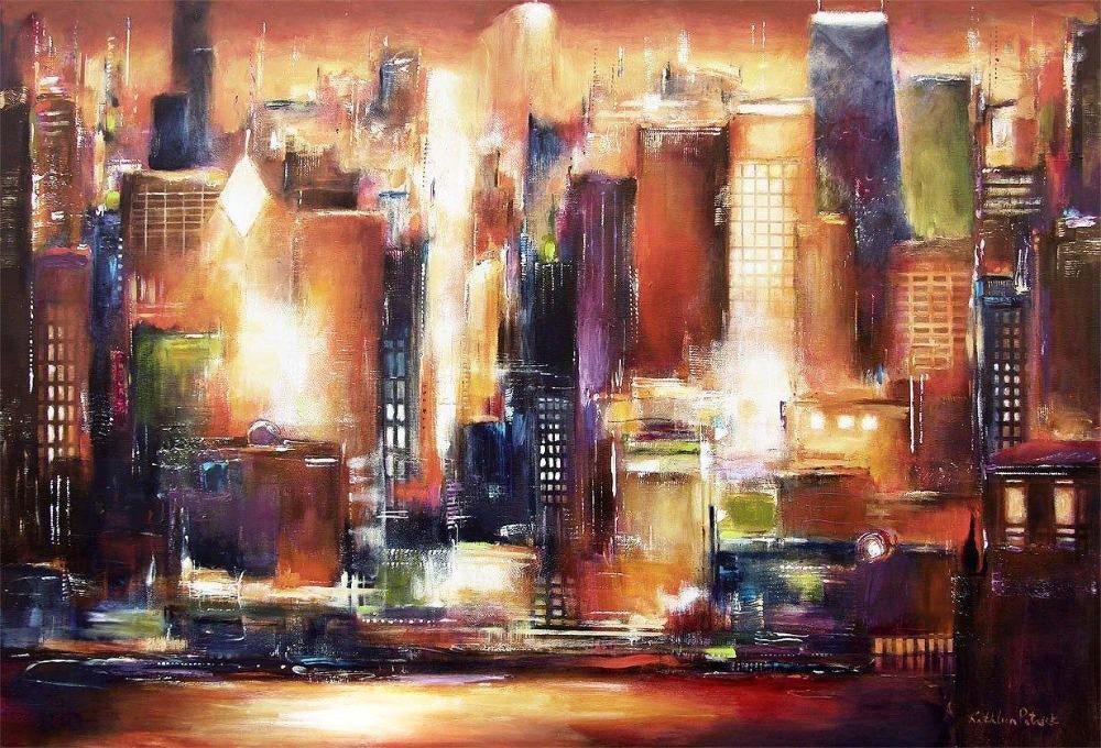 "In Chicago at Sunset" captures the Windy City with a golden glow, just as the sun sets.
