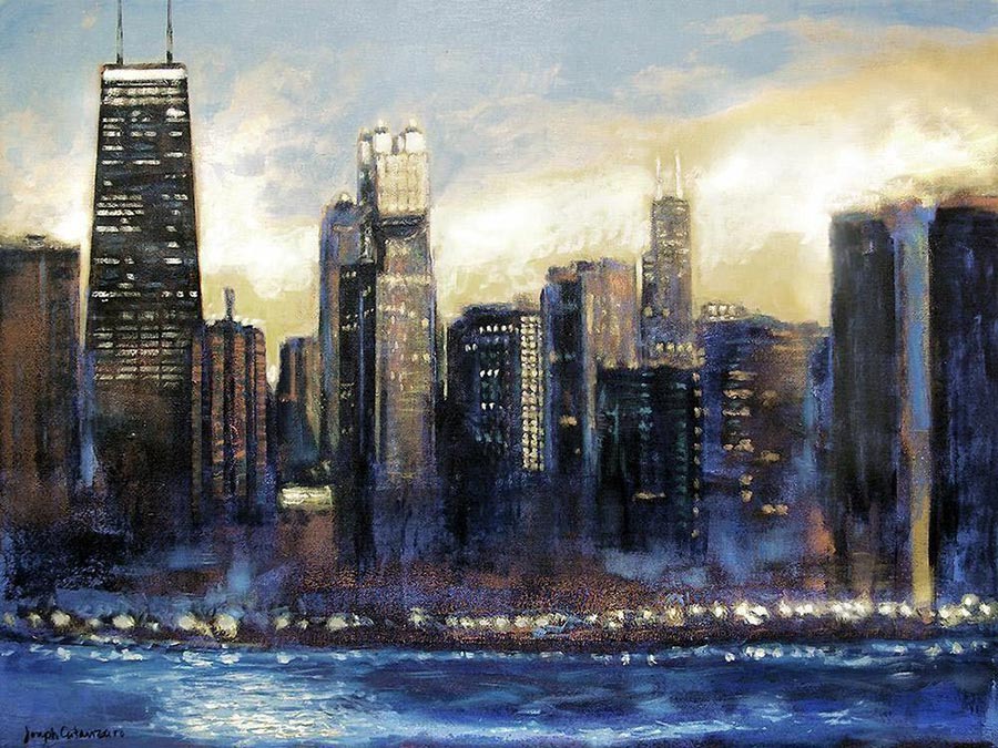A modern painting of the Chicago skyline at sunset in shades of blue, and cream.