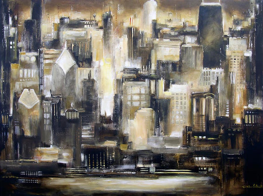 Chicago Skyline Canvas Art Print in neutrals, gold and brown.