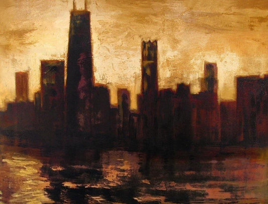 A powerful silhouette of the icons of the Chicago skyline are captured against a a richly hued sunset sky.