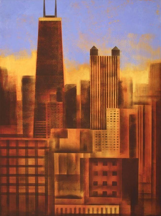 Vibrant colors and captivating geometric shapes portray the iconic Chicago skyline at sunset in this canvas print.