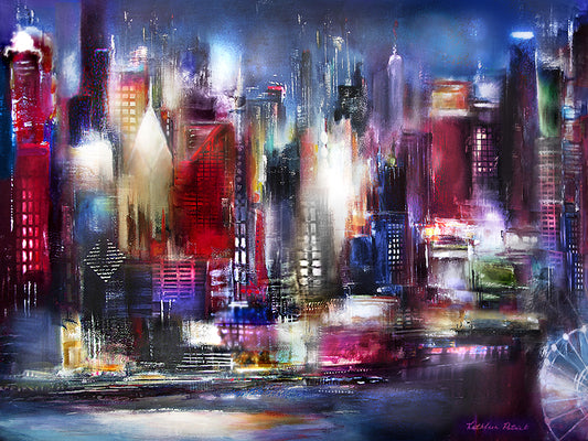 This whimsical skyline painting portrays Chicago at night in dazzling jewel tones and with glowing lights.