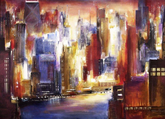 This is a colorful painting print on canvas of Chicago along the river.