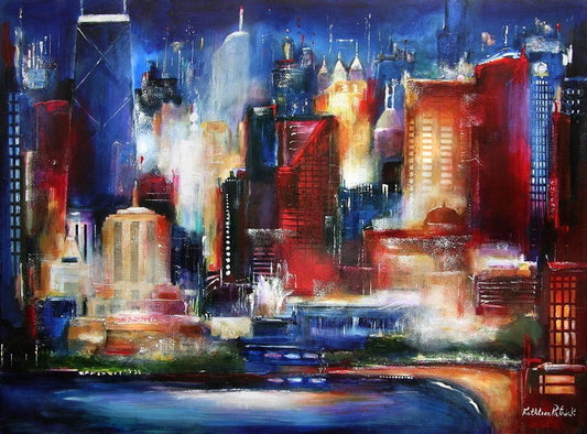 This is a colorful Chicago Skyline Painting Print  titled "A Lakefront View of the City"