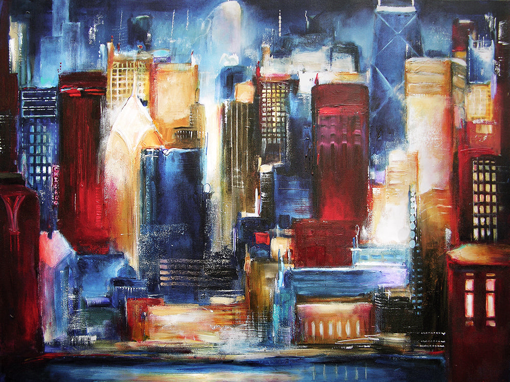 A Chicago Cityscape Painting Print with glowing colors against an evening blue sky.