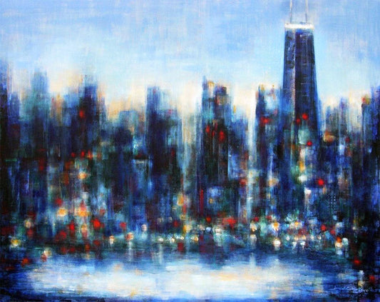 This contemporary painting is both a stunning artwork and an homage to the beauty of Chicago itself, featuring vibrant colors and shades of blue.