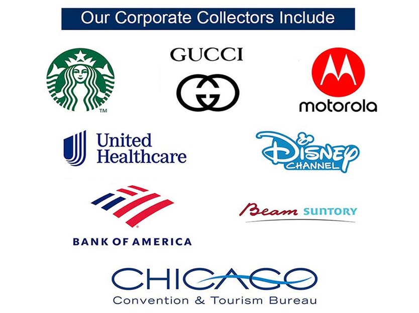 Corporate art clients include Disney, Gucci, Chicago Convention and Tourism Bureau, Starbucks, Bank of America, Motorola and United Healthcare.