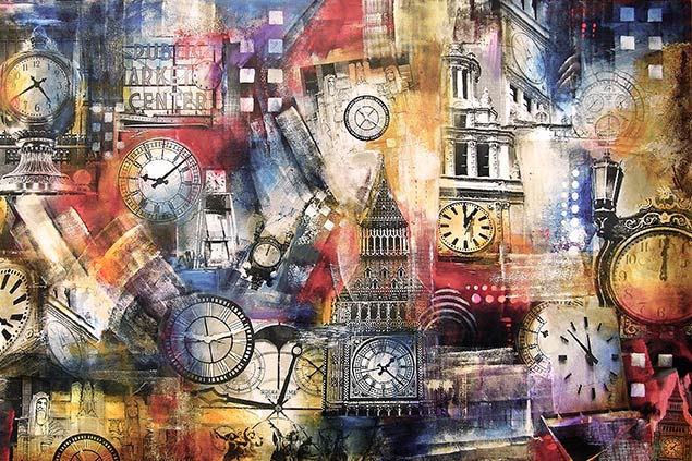 A commissioned painting on canvas about clocks and time.