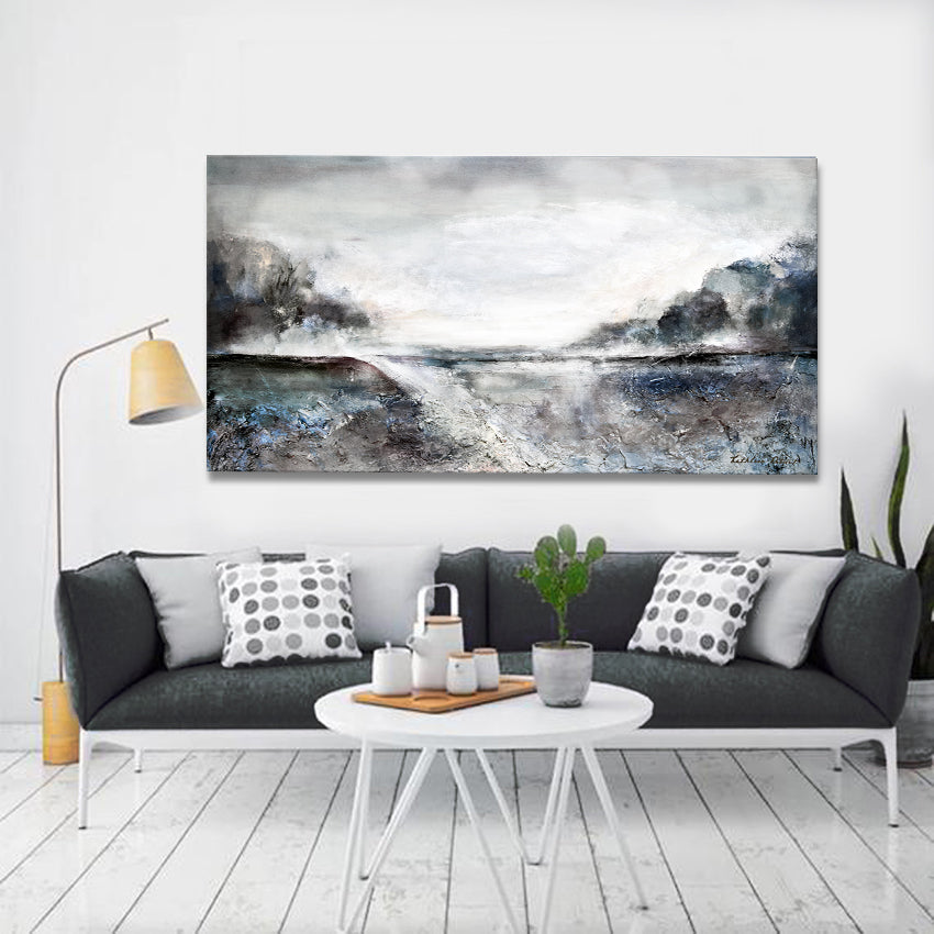 Neutral Abstract Landscape Canvas Print "Walking Toward the Sunset" in a livingroom hanging over a sofa