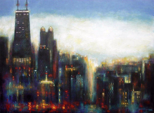 This skyine painting was created by artist Joseph Catanzaro from his 23rd floor art studio overlooking Lincoln Park.
