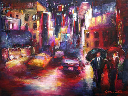 Colorful canvas print of the "A Night Out in Chicago" painting by artist Kathleen Patrick.