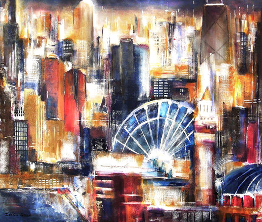 Chicago Print on Canvas - A very colorful painting of Navy Pier and the Chicago skyline