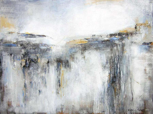 Abstract painting with white, gray, and gold tones.