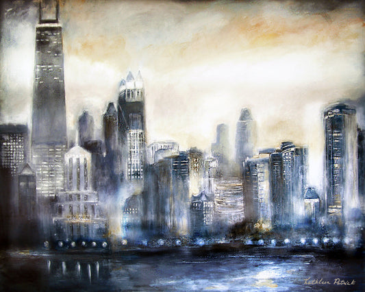 An original painting print on canvas of the Chicago skyline in the evening.