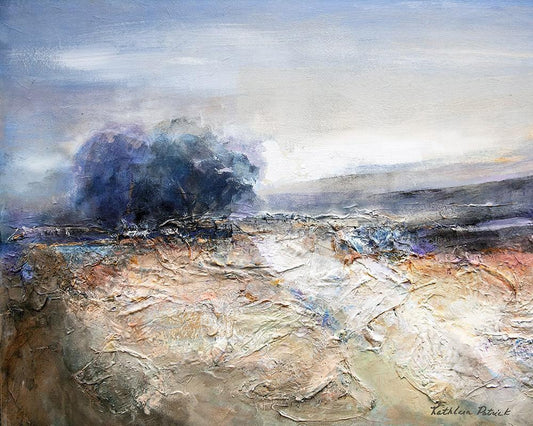 Two trees stand atop a hillside in this textural landscape painting print on canvas.